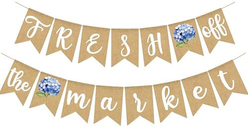Fresh Off The Market Bridal Shower Banner Farmer's Market Floral Bachelorette Party Supplies Blue Hydrangea Burlap Garland