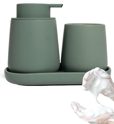 Autumnlife Set da bagno verde, 3 pezzi di accessori da bagno in ceramica, accessori da bagno decorativi, include dispenser per sapone in schiuma da 350 ml, bicchiere per spazzolini e vaschetta, adatto