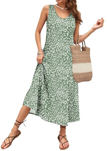 AUSELILY Abito Estivo da Donna Senza Maniche Modello a Trapezio Abito Lungo Casual con Scollo a U Vestito Ampio per Le Vacanze e la Spiaggia con Tasche Verde Oliva L