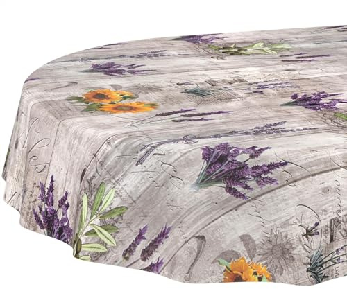 Nappe en Toile cirée Lavable, Facile d'entretien, imperméable, Effet Lotus, Motif Provence, Ovale, 180 x 140 cm, Bord coupé