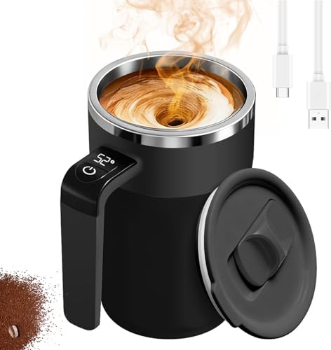 pjpkow Rechargeable Automatic Stirring Coffee Mug with Temperature Display - 13.5oz Stainless Steel Self-Stirring Cup with Lid, Perfect for Coffee, Milk & More (Black)