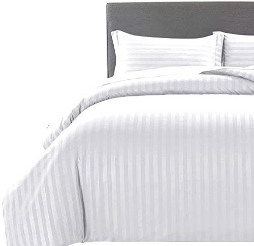 MOONLIGHT20015 Super King Duvet Set Reversible Stripes Satin Bedding Sets with 2 Pillowcases Soft Hypoallergenic Duvet Cover (White 260x220)