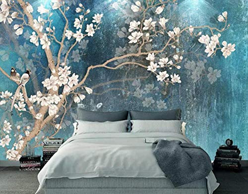 Tapete 3D Wandbild Handgemaltes Blaues Ölgemälde Der Magnolie Retro Fototapete 3D Effekt Vliestapete Wohnzimmer Wanddeko
