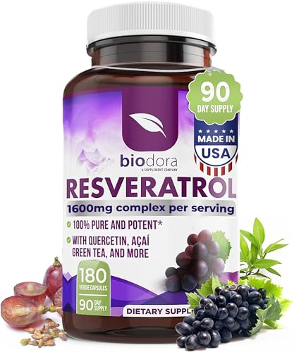 Resveratrol 1600mg - 180 Capsules | Trans-Resveratrol Antioxidant Supplement with Natural Green Tea, Grape Seed Polyphenols & Quercetin, Supports Digestive, Heart Health, Immune System, Brain Function