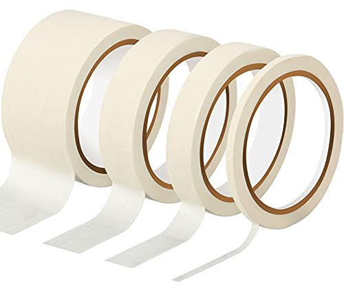 Zonon 4 Rolls Basic Masking Tape 1/4, 3/4, 1 and 2 in General Purpose Masking Tape No Residue Easy Tear Removable Painters Tape Crepe Paper for Production Painting, Home, Office (White)
