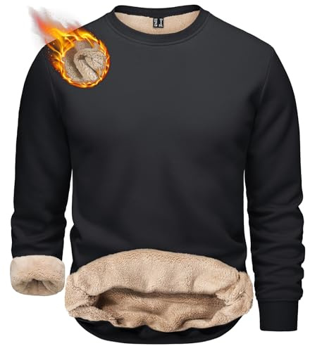 TACVASEN Men Fleece Sweatshirts Men Winter Thick Warm Sherpa Lined Thermal Shirts Long Sleeve Fleece Crewneck Sweatshirts Pullover Black