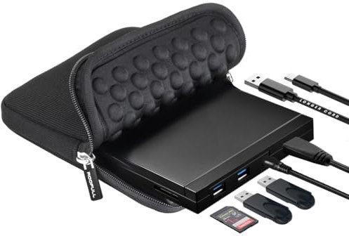 ROOFULL External CD DVD Drive with SD Card Reader & USB 3.0 Ports Hub & Carrying Case, USB-C CD DVD ROM/RW Disk Player Burner Writer for Laptop Mac PC Windows 11/10 MacBook iMac Desktop Computer