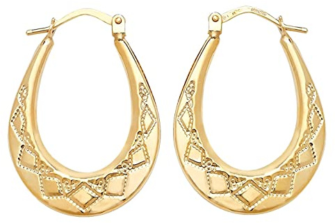 9ct Yellow Gold on Silver Diamond Cut Patterned Oval Creole Hoop Earrings