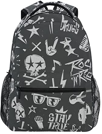Musique Rock Crâne Noir Cartable Sac à Dos Ecole étudiant Scolaire d'ordinateur pour Voyage Ados Filles Garçons Enfant