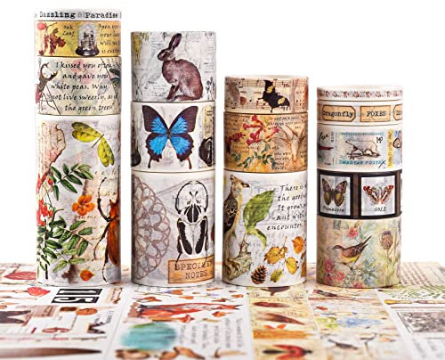 LGEGE 18 Rollen Vintage Washi Tape Set, 75/50/30/25/20/15/10/5 mm breit, Dschungel Schmetterling Libelle Insekten Wald Wolf Kaninchen Elefant alter Buchstabe Retro Abdeckband Dekor für Scrapbook(2 m)