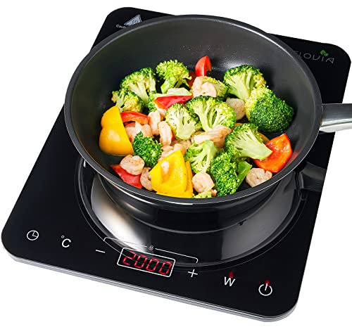Induktionskochplatte 2000W Tragbare Einzelkochplatte Induktionskochfeld Induktion 10 Leistungsstufen, 10 Temperatureinstellungen, 3-Stunden Timer, Touch-Steuerung, mit Glasoberfläche, Schwarz