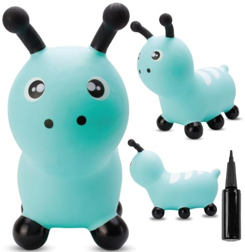 sun baby Hüpftiere ab 1 Jahr mit Pumpe aufblasbares Hüpfspielzeug aus Hochwertigem und Strapazierfähigem Gummi, Verschiedene Designs (Blaue Raupe)
