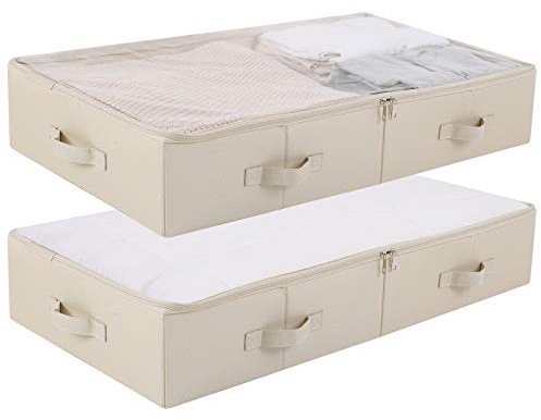 Amonsen 2er-Pack, geräumige, sichtbare PVC-Aufbewahrungsbehälter mit Deckel unter dem Bett für Schuhe, Decken und Bettzeug. Zusammenklappbar und waschbar. Beige