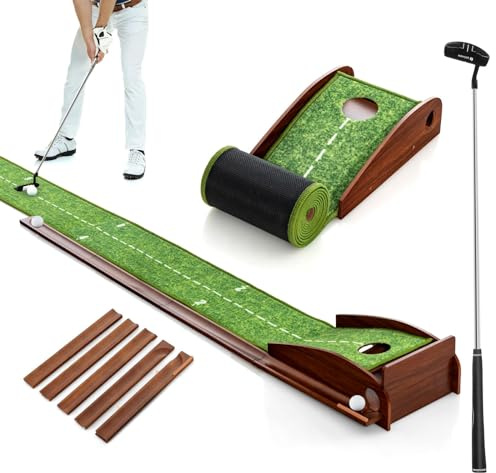 COSTWAY Golf puttingmatta, golfmatta med 1/2/3 hål, bilåterkomst träningsmatta med 3 golfbollar och konstgräs, puttingtränare inomhus, utomhus för nybörjare, proffs