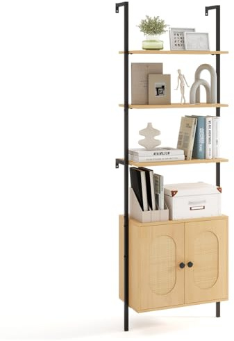 COSTWAY Ladder Bookshelf with Cabinet, 184cm Wall Mounted Bookcase with Rattan Doors and Open Shelves, Metal Frame Wooden Display Storage Shelving Unit Wall Shelf Rack for Living Room Bedroom Office
