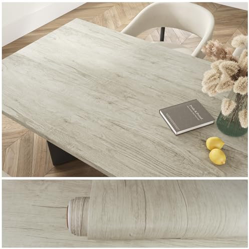 VEELIKE White Grey Wood Wallpaper Wood Effect Vinyl Self Adhesive Vinyl Wrap for Kitchen Cupboards Countertops Waterproof Contact Paper for Furniture Cabinets Table Removable 40 cm × 300 cm
