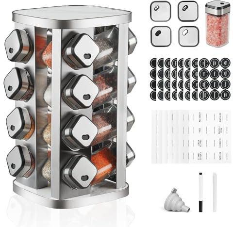 FRIBERG Gewürzregal Mit 16 Gewürzgläser Eckig 120 Ml,Gewürzkarussell Drehbar,360° Drehbarer Edelstahl Gewürzkarussell Mit Trichter, Etikett, Stift Und Reinigungsbürste