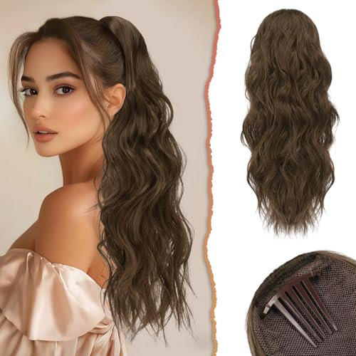 Sofeiyan Cola de Caballo Extensiones con Cordón, 60 cm Ondulado Extensiones Pelo Natural Coleta Postiza Sinteticas Peines Clip in Postizos de Pelo para Mujer, Castaño Claro Mezclado Auburn