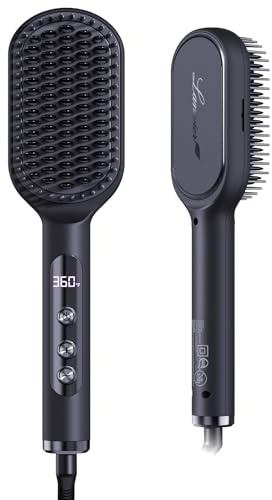 LANVIER Hair Straightener Brush, Ionic Straightening Brush with Infrared, Wide Plate Heated Smoothing Comb with Negative Ions, 32 Temps, Dual Voltage, Flat Iron Comb Styler for All Hair Type