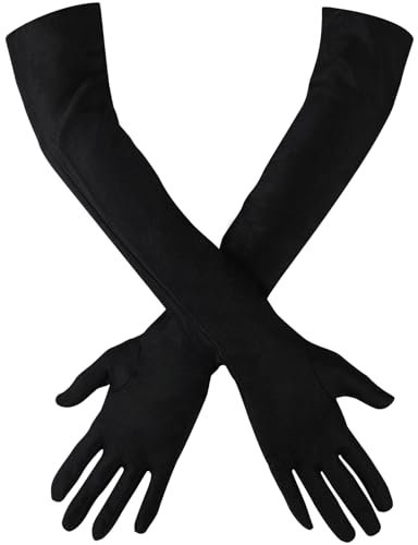 Hopton Schwarze Handschuhe Kostüm 1 Paar，1920er Satin Lange Handschuhe Damen, Abendhandschuhe Damen für Hochzeit, Karneval, Halloween