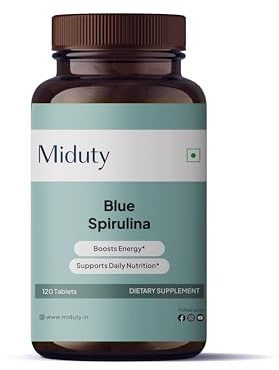 Miduty by Palak Notes Blue Spirulina - Spirulina - Phycocyanin Coated - Gluten Free - Non-GMOs - 120 Tablets