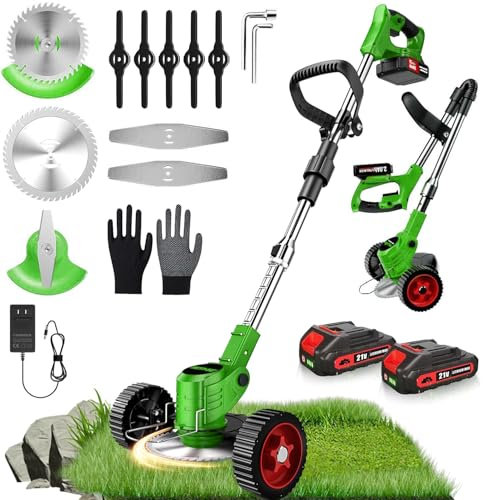 Débroussailleuse électrique, 21 V, avec 3 types de lames de coupe, 2 batteries de 2000 mAh, 4 en 1, pour tondeuse électrique pour cour, jardin
