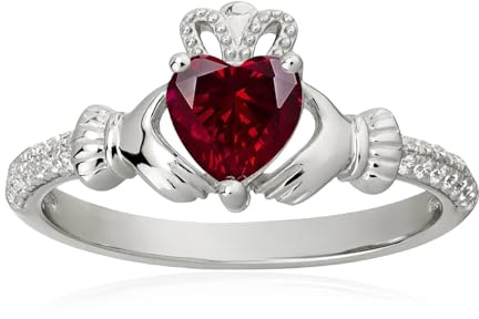 Bague de Claddagh en argent sterling 925 avec pierre de naissance en forme de cœur - 6 mm - Bijou irlandais porte-bonheur pour femme - Taille 6-9, 6, Pierre précieuse, Rubis créé