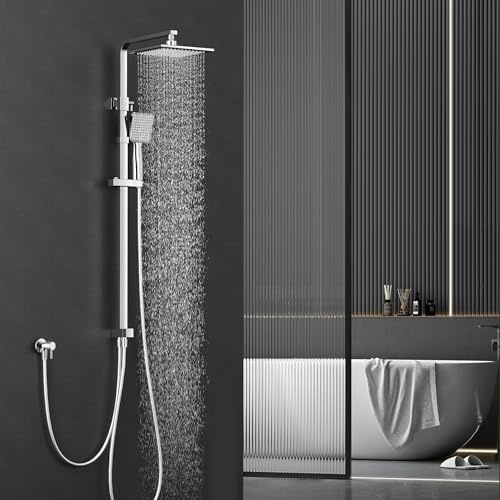 HOMELODY Regendusche Duschsystem ohne Armatur Chrom, Duschsystem Edelstahl Duschset ideal zum Nachrüsten, Verstellbare Duschsäule Ohne Thermostat Duschset Eckig
