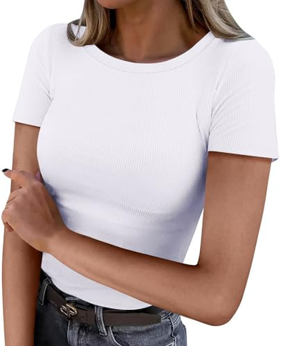 Maglietta da donna a maglia a coste, con scollo rotondo, tinta unita, slim fit, estiva, Y2k, a maniche corte, per adolescenti e ragazze, bianco, L