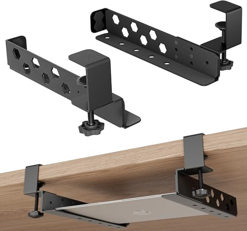 otuiaim Adjustable Under Desk Holder with Clamp for Desks - No Drilling Required - Steel Desk Side Mount Storage Organizer Shelf Rack for Laptops Tablets Keyboards Device