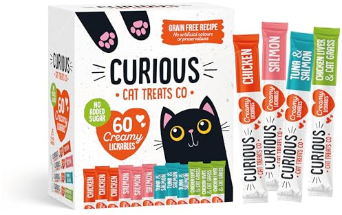 CURIOUS Creamy Cat Treats, 60 Pouches of Puree Food Topper, Cat Yogurt, Natural & Grain-Free, Lickable, Flavor Variety Pack (Chicken, Salmon, Tuna & Salmon, Chicken Liver Cat Grass), 15g x 60pk