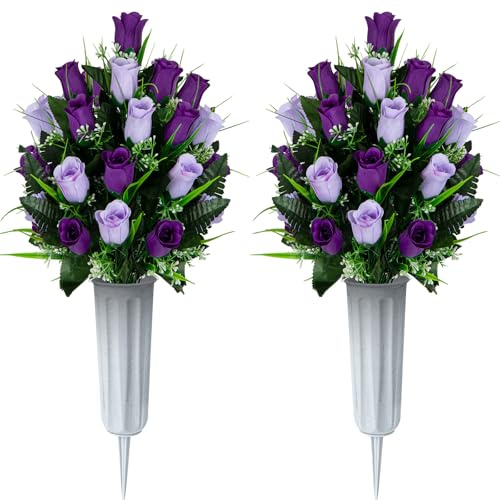 SIFOEL 2 unidades de cementerio conmemorativo artificial, ramo de rosas con jarrón para decoración de lápidas de cementerio (morado oscuro y morado claro)