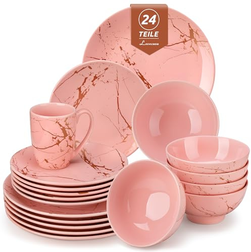 LOVECASA 24 Pieces Plates Set, Suitable for Pink-Themed Birthday Parties | Plates and Bowls Set for 6, Include 6 Dinner Plates, 6 Dessert Plates, 6 Cereal Bowls and Cereal Bowls, Suitable for Gifting