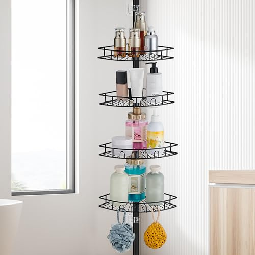 ASKLUND Estanteria Baño Telescopica Estante Ducha Esquina sin Taladro Acero Inoxidable con 4 Bandejas, Ajustable 85-325cm, para Bañera, Cuarto de Baño, Ducha y Cocina, Negro
