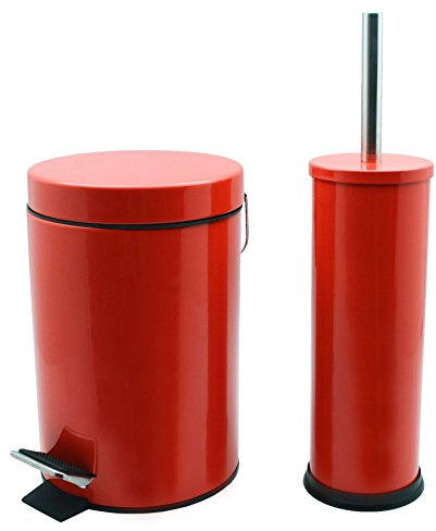 Harbour Housewares 3L Bathroom Bin & Brush Set - Red - 2pc Round Stainless Steel Pedal Bin & Toilet Brush Set Slim Small Trashcan for Kitchen Waste, Bathroom Rubbish