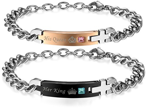 JewelryWe Valentine's Day Gifts 2pcs His & Hers Matching Stainless Steel His Queen Her King Couple Anniversary Bracelets Set