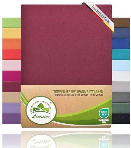 leevitex Topper Boxspringbett Spannbettlaken | 100% Baumwolle | Ökotex | 125 g/m² | 140x200cm - 160x200cm | Bordeaux | 18 cm Steg