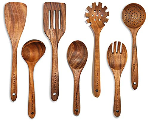 Teak Wooden Kitchen Utensil Set - 7Pcs Wooden Cooking Utensils Including Spatula