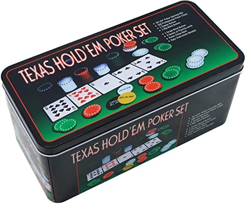 ELAELA Set de poker Boîte en métal, 200 jetons de poker, 2 couvertures, bouton livreur, petite aveugle, tapis de jeu
