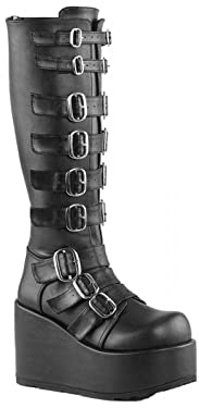 AORUIDA Botas largas para Mujer gótico Punk Hebilla de Metal Retro Cuero Punta Redonda Plataforma de cuña Tacón altocon Botas A Media Pierna Otoño e Invierno,Negro,39 EU