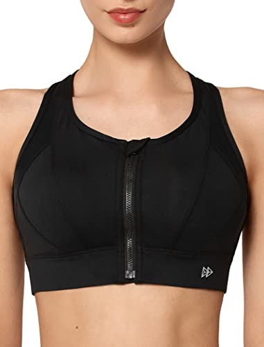 Yvette High Impact Zip Front Sports Bra Mesh Racerback Workout High Support Sports Bras for Women Large Breasts, Black