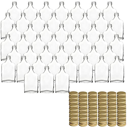 gouveo 48er Set Glasflaschen 40 ml Flachmann mit Schraubverschluss goldfarben - Mini Flasche 0,04 l zum Befüllen - Glasfläschchen für Likör, Whisky, Schnaps oder zum Basteln (FF040G)