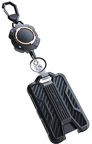LIUGX Retractable Badge Holders with Keychain, Carbon Fiber Texture, 4 Card