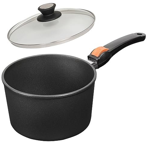 SKK große 2-tlg. Stielkasserolle Ø 20 cm - Induktion - hoher beschichteter Saucentopf - Stiel abnehmbar & Deckel mit Edelstahlrand - Made in Germany