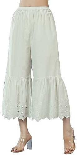 EAUTELICATE Capri Pantalon De Pyjama Femme Été Jupon sous-Jupe en 100% Coton Pantacourt Longue Ample Évasé à La Maison avec Dentelle Broderie Crème, M