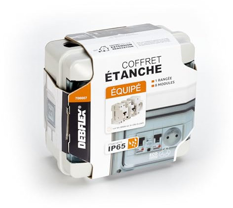 DEBFLEX - Coffret Electrique Etanche Prééquipé - Tableau Electrique 8 Modules - 1 Interrupteur Différentiel AC + 1 Disjoncteur + 1 Prise - Idéal Extérieur/Jardin - Pose en Saillie - 200 x 213 x 107mm