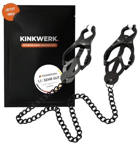 KINKWERK Nippelklemmen mit Kette und Silikon-Stimulationspads für Frauen & Männer | Starke Klemmkraft & Schutzpads für intensiven Genuss | BDSM, Sexspielzeug für Paare (Schwarz)