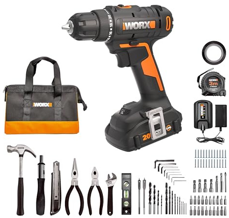 Worx 20V Cordless Drill Driver, 84pc Accessory Kit, Variable 2-Speed, 265 In-Lbs Torque, 20+1 Clutch, Lightweight, Compact, 3/8-Inch Keyless Chuck - Battery & Charger Included