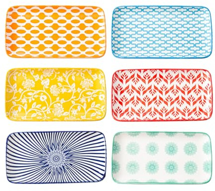 Cerkik Ceramic Rectangle Salad Plates Set - 8.1 x 4.5 Rectangular Serving Platter - Serving Trays for Sushi Dinner Dessert Pasta Appetizer - Microwave Dishwasher Safe - Set of 6 - Assorted Colors