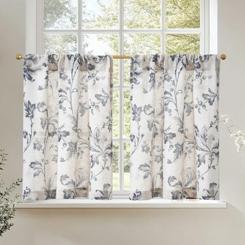 TOPICK Skjutgardiner linne köksgardiner 90 cm vintage blommiga djur fönstergardiner bondgård café fönster gardiner ljusfiltrering korta storer för tvättrum badrum 2 paneler blå